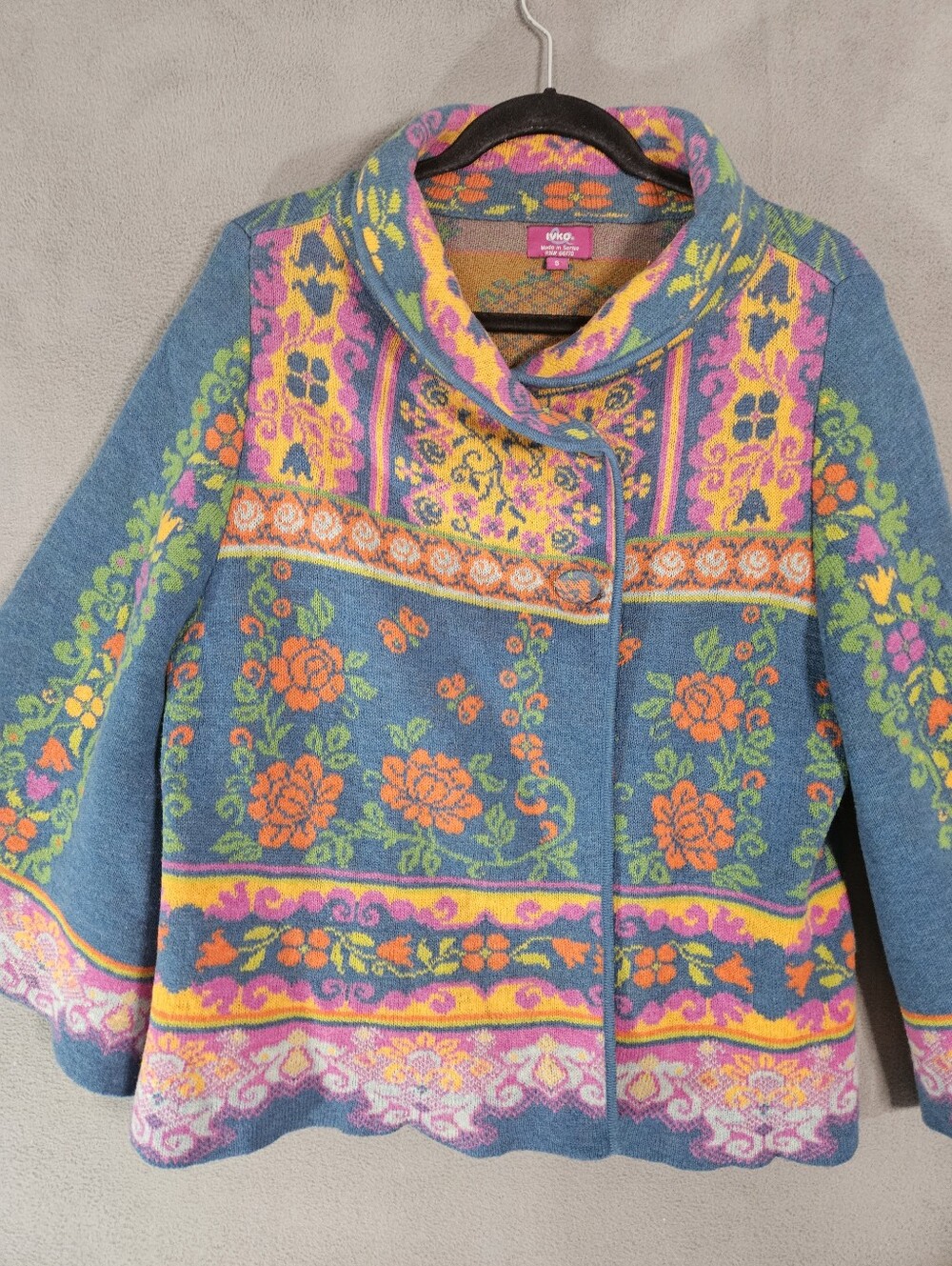 IVKO For Anthropologie Floral Pattern Cardigan Teal Sweater Small Lambswool Fine - Picture 2 of 11